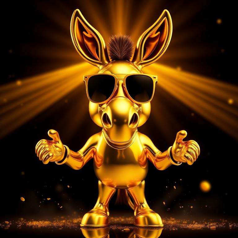 Golden donkey mascot hero pose with sunglasses