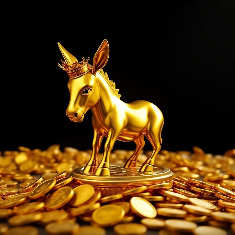 Golden donkey king on a pile of gold coins